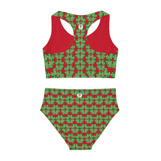 Girls Two Piece Swimsuit - Clover Hearts Red - Digital Art DeCourcy Design