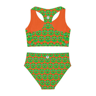 Girls Two Piece Swimsuit - Clover Orange - Digital Art DeCourcy Design