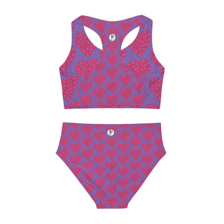 Girls Two Piece Swimsuit - Hearts A-Lot Purple - Digital Art DeCourcy Design