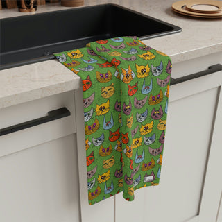 Soft Tea Towel - Kooky Kats Green - Digital Art DeCourcy Design