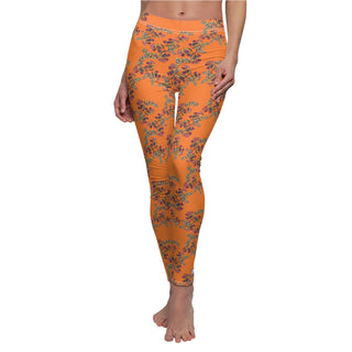 Casual Full Length Leggings - Gumnut Bouquet Orange - Digital Art-All Over Prints-DeCourcy Design