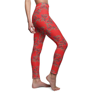 Casual Full Length Leggings - Gumnut Bouquet Red - Digital Art-All Over Prints-DeCourcy Design
