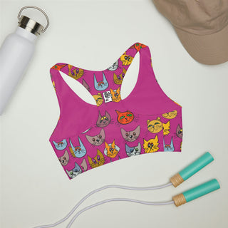 Girls Seamless Sports Bra - Kooky Kats Hot Pink - Digital Art-All Over Prints-DeCourcy Design