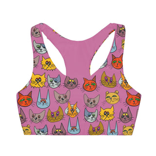 Girls Seamless Sports Bra - Kooky Kats Pink - Digital Art DeCourcy Design
