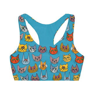 Girls Seamless Sports Bra - Kooky Kats Turquoise - Digital Art DeCourcy Design