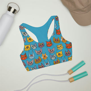 Girls Seamless Sports Bra - Kooky Kats Turquoise - Digital Art DeCourcy Design