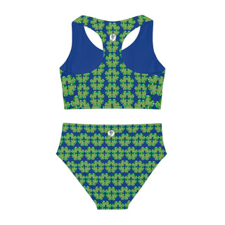Girls Two Piece Swimsuit - Clover Hearts Navy Blue - Digital Art DeCourcy Design
