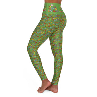 High Waist Full Length Yoga Leggings - Kooky Kats Green - Digital Art DeCourcy Design