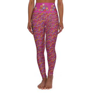 High Waist Full Length Yoga Leggings - Kooky Kats Hot Pink - Digital Art DeCourcy Design