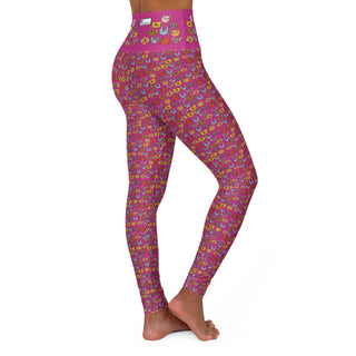 High Waist Full Length Yoga Leggings - Kooky Kats Hot Pink - Digital Art DeCourcy Design