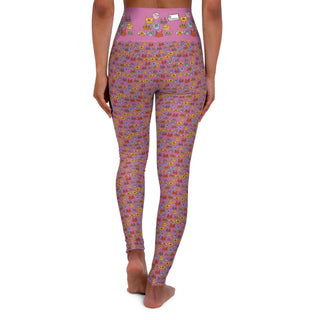 High Waist Full Length Yoga Leggings - Kooky Kats Pink - Digital Art DeCourcy Design