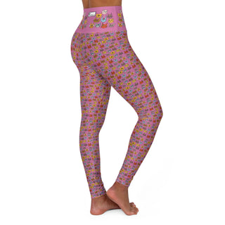 High Waist Full Length Yoga Leggings - Kooky Kats Pink - Digital Art DeCourcy Design