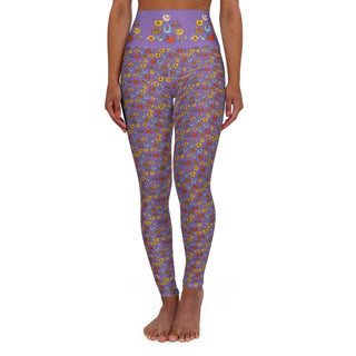 High Waist Full Length Yoga Leggings - Kooky Kats Purple - Digital Art DeCourcy Design