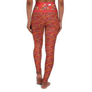 High Waist Full Length Yoga Leggings - Kooky Kats Red - Digital Art DeCourcy Design