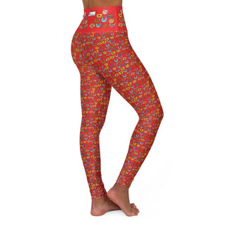 High Waist Full Length Yoga Leggings - Kooky Kats Red - Digital Art DeCourcy Design