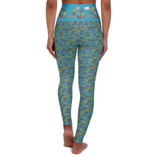 High Waist Full Length Yoga Leggings - Kooky Kats Turquoise - Digital Art DeCourcy Design