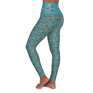 High Waist Full Length Yoga Leggings - Kooky Kats Turquoise - Digital Art DeCourcy Design