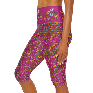 High Waist Yoga Capri Leggings - Kooky Kats Hot Pink - Digital Art DeCourcy Design