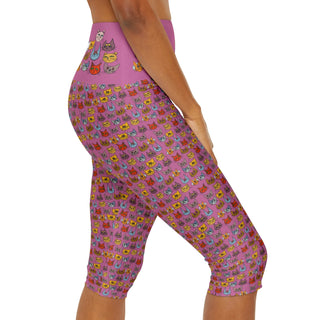 High Waist Yoga Capri Leggings - Kooky Kats Pink - Digital Art DeCourcy Design