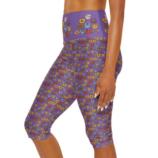 High Waist Yoga Capri Leggings - Kooky Kats Purple - Digital Art DeCourcy Design
