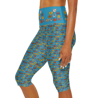 High Waist Yoga Capri Leggings - Kooky Kats Turquoise - Digital Art DeCourcy Design