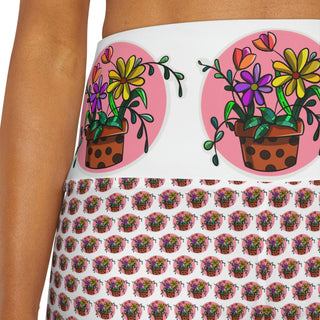 High Waist Yoga Shorts - Flowerpots - Digital Art DeCourcy Design