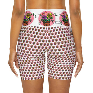 High Waist Yoga Shorts - Flowerpots - Digital Art DeCourcy Design