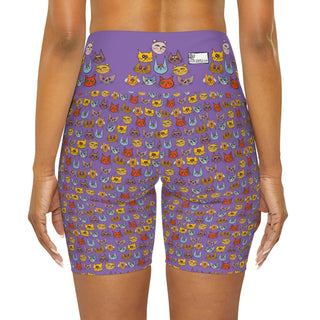 High Waist Yoga Shorts - Kooky Kats Purple - Digital Art DeCourcy Design