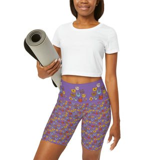 High Waist Yoga Shorts - Kooky Kats Purple - Digital Art DeCourcy Design