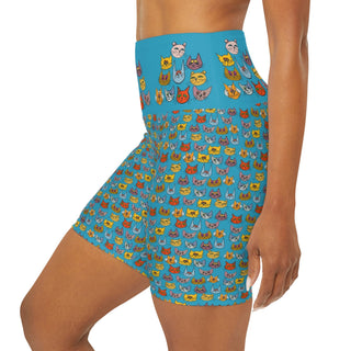 High Waist Yoga Shorts - Kooky Kats Turquoise - Digital Art DeCourcy Design