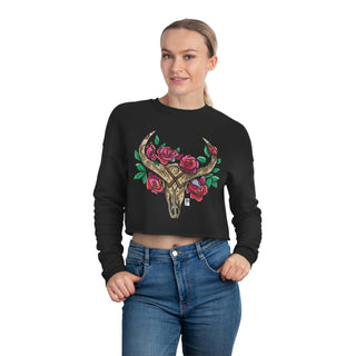 Ladies Cropped Sweatshirt - Cow Skull And Flowers - Digital Art DeCourcy Design