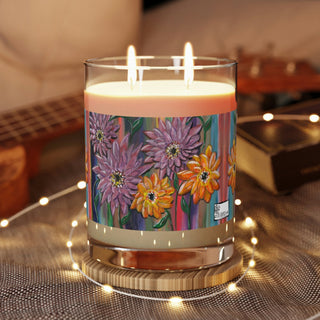 Luxury Aromatherapy Soy Candle - Full Glass (11oz) - Flowers And Stripes - Acrylic Painting DeCourcy Design