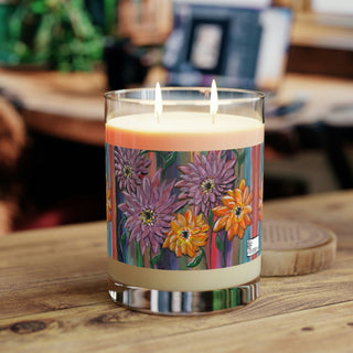 Luxury Aromatherapy Soy Candle - Full Glass (11oz) - Flowers And Stripes - Acrylic Painting DeCourcy Design