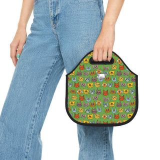 Neoprene Lunch Bag - Kooky Kats Green - Digital Art DeCourcy Design