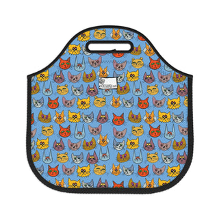 Neoprene Lunch Bag - Kooky Kats Light Blue - Digital Art DeCourcy Design