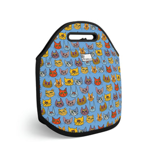 Neoprene Lunch Bag - Kooky Kats Light Blue - Digital Art DeCourcy Design