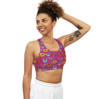 Seamless Sports Bra - Kooky Kats Hot Pink - Digital Art DeCourcy Design