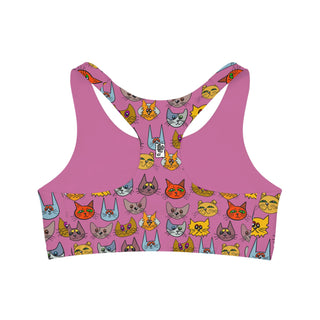 Seamless Sports Bra - Kooky Kats Pink - Digital Art DeCourcy Design