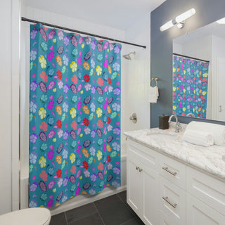 Shower Curtain - Falling Flowers Turquoise - Digital Art DeCourcy Design