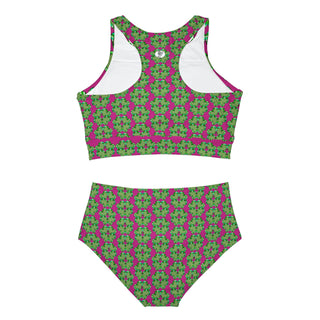 Sporty Bikini Set - Clover Hearts Hot Pink - Digital Art DeCourcy Design