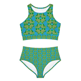 Sporty Bikini Set - Clover Hearts Turquoise - Digital Art DeCourcy Design