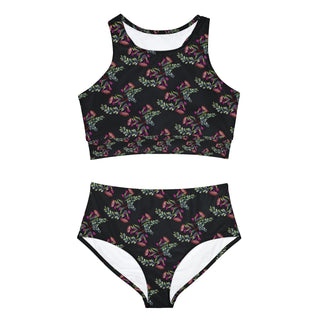 Sporty Bikini Set - Gumnut Bouquet Black - Digital Art DeCourcy Design