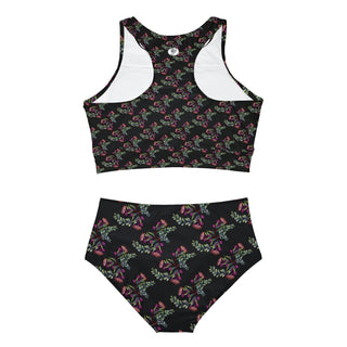Sporty Bikini Set - Gumnut Bouquet Black - Digital Art DeCourcy Design