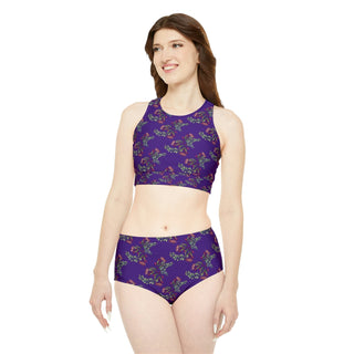 Sporty Bikini Set - Gumnut Bouquet Purple - Digital Art DeCourcy Design