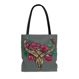 Tote Bag - Cow Skull & Flowers Dark Grey - Digital Art DeCourcy Design