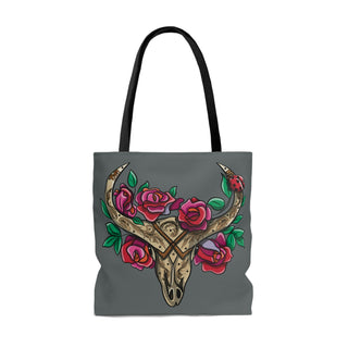 Tote Bag - Cow Skull & Flowers Dark Grey - Digital Art DeCourcy Design