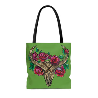 Tote Bag - Cow Skull & Flowers Green - Digital Art DeCourcy Design