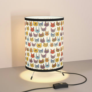 Tripod Lamp with Printed Shade (US\CA plug) - Kooky Kats White - Digital Art DeCourcy Design